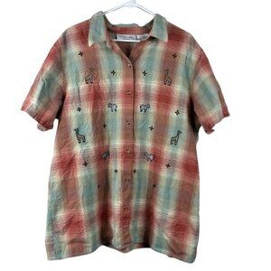 VTG Y2K 90s Victoria Jones Plaid Embroidered Giraffe Zebra Button Down Top Sz 3X